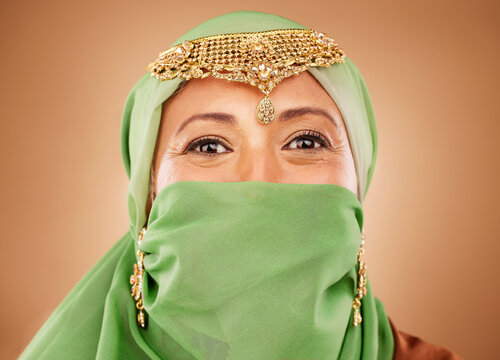 Portrait Of Woman With Hijab, Jewelry And Bridal Gold Head Piece For Luxury Wedding Celebration In Iran. Beauty, Religion And Bride With Arab Fashion, Makeup And Golden Jewellery For Muslim Marriage