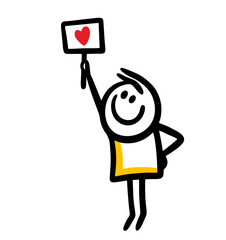 A man holds a sign with the image of heart high above his head.