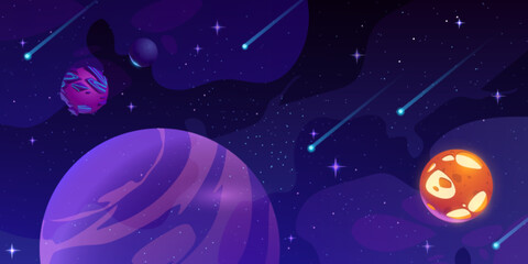 Outer space background with planets and stars. Cartoon vector illustration of cosmic objects on dark blue, meteors, asteroids, alien globes flying in starry sky. Fantasy galaxy for computer game © klyaksun