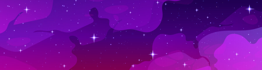 Obraz na płótnie Canvas Night starry sky in lilac and pink colors with nebula effect. Cartoon vector illustration of space background with many shining stars, stardust, milky way. Infinite universe. Fantasy game background