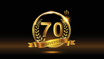 70th anniversary logo with golden ring, confetti and Gold ribbon isolated on elegant black background, sparkle, vector design for greeting cath and invitation cath