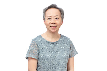 Happy senior asian woman smiling, wearing lace shirt and looking at camera