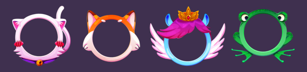 Round game avatars with animal characters design. Set of cute colorful borders with fantasy cat tail, fox ears, frog eyes and magic pony wings and crown decor elements. Cartoon vector illustration