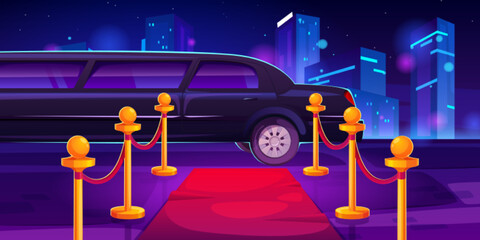 Luxury black limousine car with closed door near empty red carpet with rope barrier against night cityscape background. Celebrity arrival at vip party or awarding ceremony. Cartoon vector illustration - obrazy, fototapety, plakaty