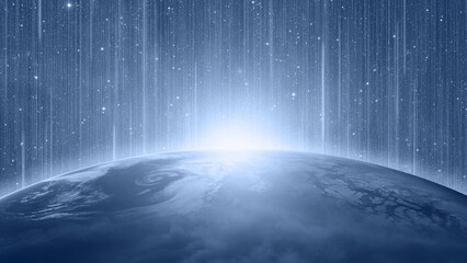 Long exposure of night sky star trail over the Planet Earth with aurora borealis 