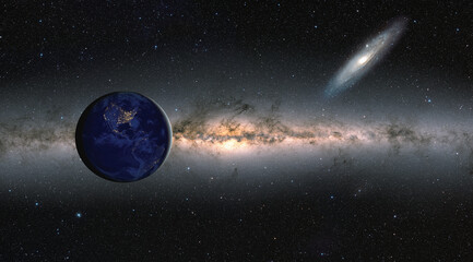 View of the Planet Earth from space with The Andromeda Galaxy in the background " Elements of this image furnished by NASA"