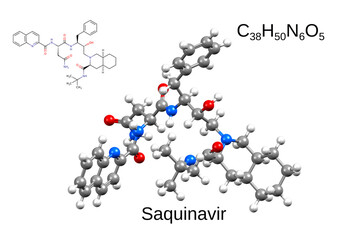 Chemical formula, skeletal formula and 3D ball-and-stick model of a protease inhibitor, antiretroviral drug saquinavir
