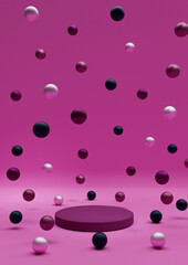 Bright magenta, neon pink 3D illustration minimal product display Christmas themed colorful decoration Christmas balls colorful metallic marbles falling photography wallpaper with one podium or stand