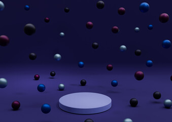Dark blue 3D illustration minimal product display Christmas themed with colorful decoration Christmas balls colorful metallic marbles falling photography wallpaper with one podium or stand horizontal