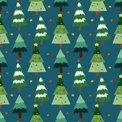 seamless pattern of fir trees and stars on a dark background.