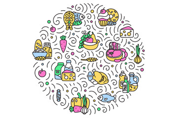 Round composition of food products in doodle style