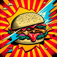 burger image, drawing, retro art. High quality illustration