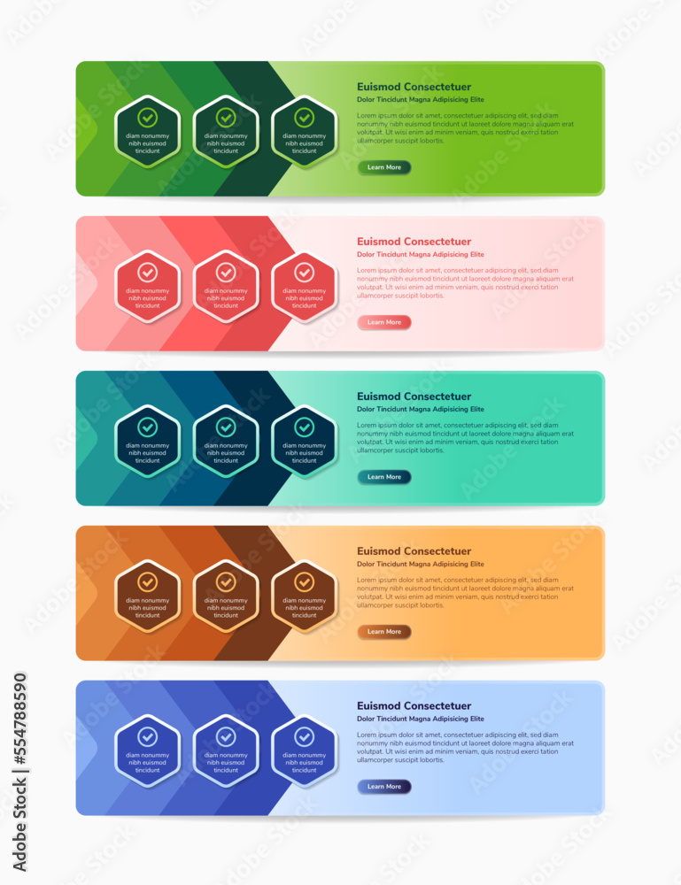 Poster collection of vector colorful text box. multicolored arrow in rectangle colors gradient. hexagon spa