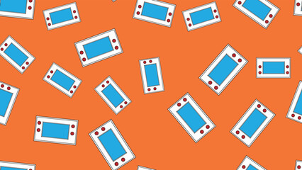 Seamless pattern endless with handheld game consoles, electronic toys old retro vintage hipster from 70s, 80s, 90s isolated on yellow background. Vector illustration © Bolbik