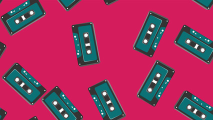 Seamless pattern endless with music audio cassettes old retro vintage hipster from 70s, 80s, 90s isolated on red background. Vector illustration