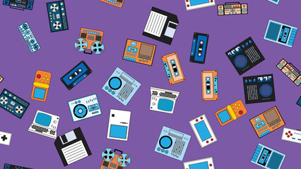 Seamless pattern endless with tech electronics equipment old retro vintage hipster from 70s, 80s, 90s isolated on purple background. Vector illustration