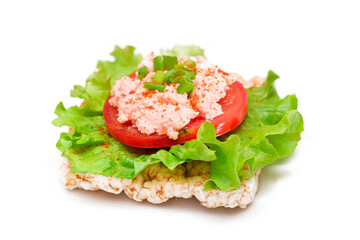 Rice Cake Sandwich with Tomato, Lettuce, Fish Cream and Green Onions - Isolated on White. Easy Breakfast. Diet Food. Quick and Healthy Sandwiches. Crispbread with Tasty Filling - Isolation
