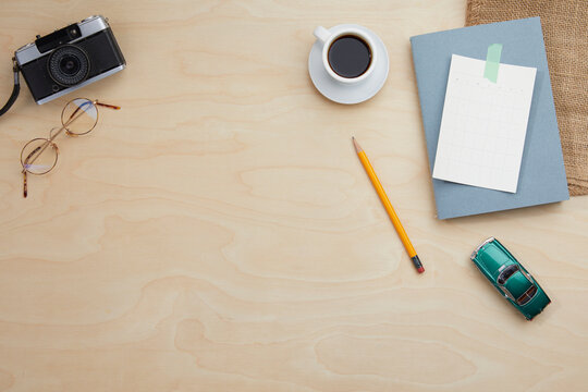 modern wooden desk in the office, top view