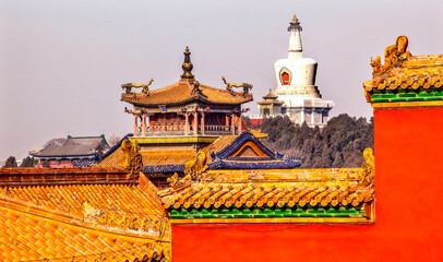 Beihai Stupa Yellow Roofs Gugong Forbidden City Palace Beijing China