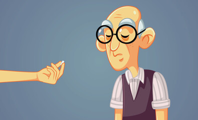 Sick Senior Man Receiving a Pill for Treatment Vector Cartoon Illustration. Elderly person taking a painkiller suffering from terminal disease 
