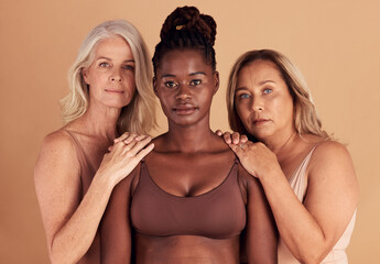 Women, natural body and diversity of beauty on studio background for skincare, cosmetics and...