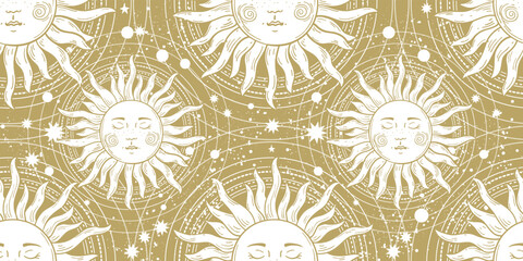 White sun with a face on a golden background, a seamless magical pattern for astrology, tarot, fortune telling. Beautiful vector ornament for packaging design.
