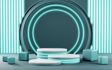 3D render of Podium background in blue tones for displaying cream products. cosmetics