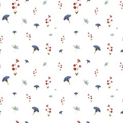 Flower blue red daisy seamless watercolor pattern