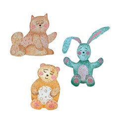 Bear rabbit cat toy textured set watercolor 
