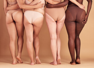 Women group, lingerie and butt in studio for wellness, fashion and diversity with plus size in unity. Back, bum and woman model team with solidarity, body positive or health for beauty by background - obrazy, fototapety, plakaty