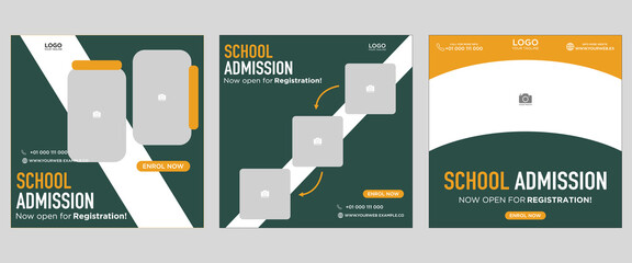 School admission social media post banner design. back to school social media post banner design set. Back to school admissions promotion banner. school admissions template for social media ads.