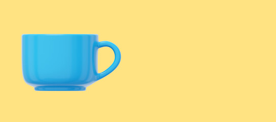 Blue mug. 3D rendering. Icon on yellow background, space for text.