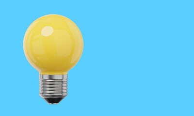 Realistic yellow light bulb. 3D rendering. Icon on blue background, text space.