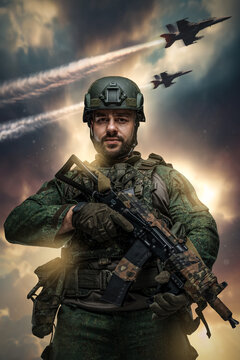 Artwork of military man with camouflage uniform holding rifle in sky with airplanes