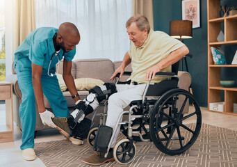 Elderly patient, leg surgery and physiotherapy recovery with a black man nurse helping with care. Nursing home, hospital and healthcare clinic help with a senior male ready for physical therapy