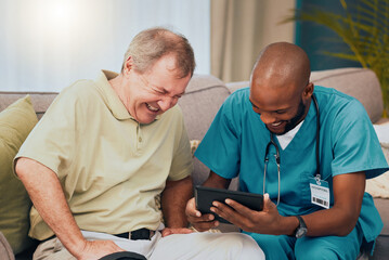 Elderly man, retirement and healthcare with nurse at nursing home, comedy and tablet, communication...