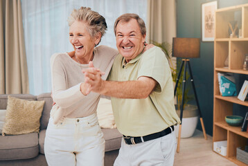 Happy, dance and senior couple in a living room, smile and fun while being silly in their home together. Happy family, love and man with woman dancing, laughing and goofy while enjoying retirement - obrazy, fototapety, plakaty