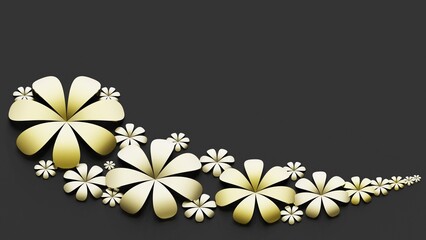 Black background with metallic gold paper flowers. Concept image of happy Invitation and reception sign. 3D high quality rendering. 3D illustration. High resolution.