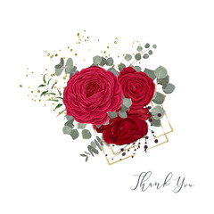 Vector flower card Thank you. Red roses, ranunculus, peony roses, eucalyptus, sequins and gold geometric shapes 