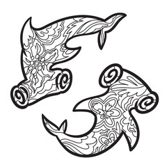 Two ink floral hammerhead shark in hand drawn style. Tattoo art. Vector illustration