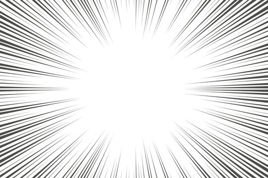 Speed lines in frame for manga comics book. Radial motion background. Monochrome explosion and flash glow. Vector