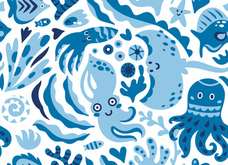 Cute flat sea life creatures in childish style in blue background