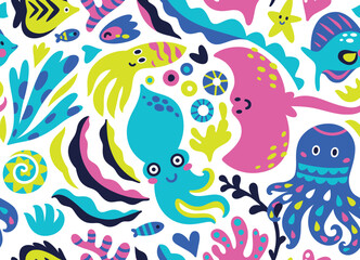 Cute flat sea life creatures in childish style