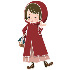 笑顔で指を差す赤ずきんみたいな女の子