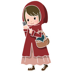 携帯を見ながら歩く赤ずきんみたいな女の子