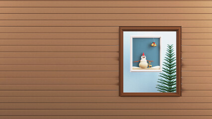 3D Render Of Christmas Wall Scenery Or Window Against Brown Plank Texture Background With Copy Space.