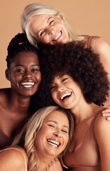 Diversity, beauty and natural with woman friends in studio on a beige background to promote skincare. Portrait, face and smile with a happy female and friend group indoors for luxury cosmetics - obrazy, fototapety, plakaty