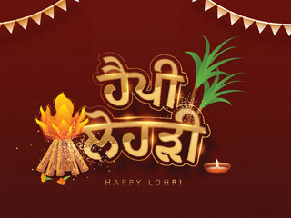 Fototapeta na wymiar Sticker Style Golden Happy Lohri Punjabi Text With Bonfire, Sugarcane, Lit Oil Lamp (Diya) And Bunting Flags Decorated On Dark Red Background.