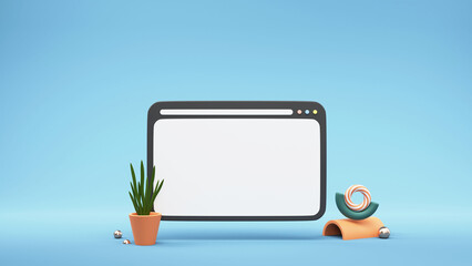 3D Render Of Empty Browser Mockup With Plant Pot, Geometric Element On Blue Gradient Background.