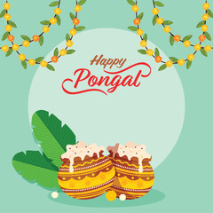 Happy Pongal Celebration Poster Design With Pongali Rice In Clay Pots, Banana Leaves And Floral Garland (Toran) Decorated On Mint Green Background.